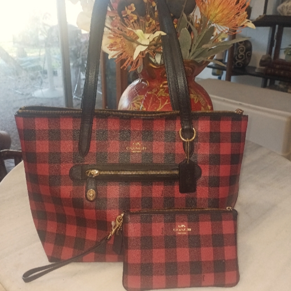 Coach Red and Black Buffalo Plaid Purse and Wallet